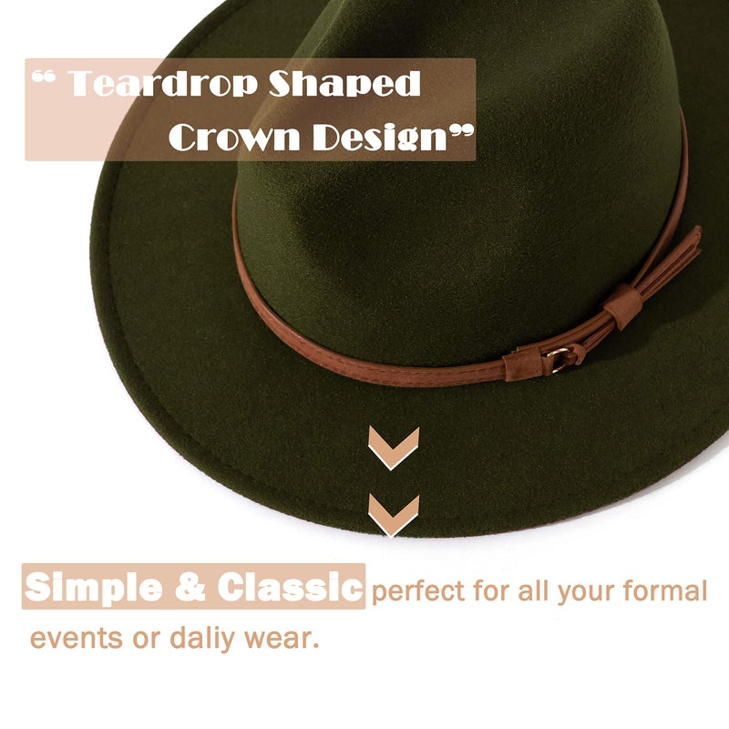 Lisianthus Men & Women Vintage Wide Brim Fedora Hat with Belt Buckle A-Olive 56-58cm - Image 2